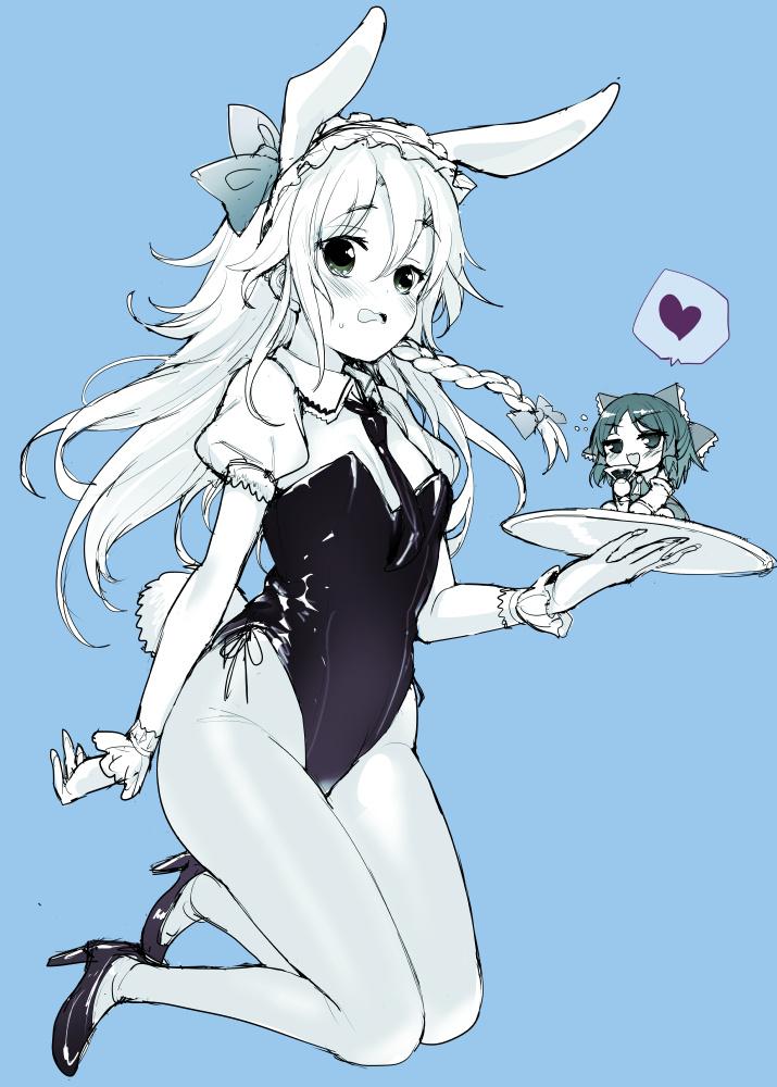 2girls, alternate_costume, alternate_headwear, animal_ears, blue_background, blush, bow, braid