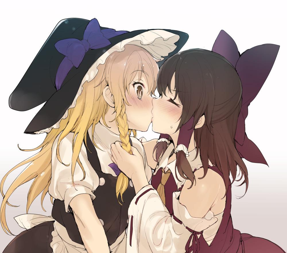 2girls, apron, blonde_hair, blush, bow, braid, brown_eyes, brown_hair, closed_eyes, detached_sleeves, gradient, gradient_background, hair_bow, hair_ornament, hair_ribbon, hair_tubes, hakurei_reimu, hat, hat_ribbon, jpeg_artifacts, kirisame_marisa, kiss, long_hair, long_sleeves, looking_at_another, multiple_girls, nokonoko_(cookie), profile, puffy_sleeves, ribbon, sarashi, shirt, short_sleeves, side_braid, single_braid, skirt, skirt_set, sweat, touhou, vest, waist_apron, wide_sleeves, witch_hat, yuri