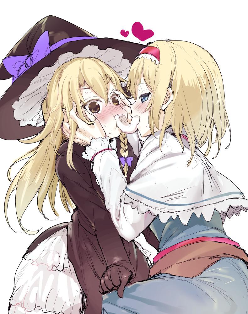 2girls, alice_margatroid, blonde_hair, blue_dress, blue_eyes, blush, bow, braid