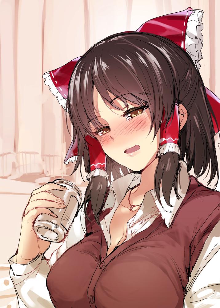 1girl, alternate_costume, blush, breasts, brown_hair, can, cleavage, curtains
