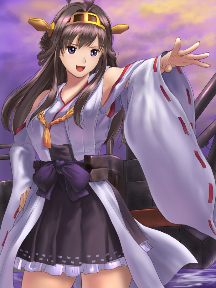 1girl, ahoge, bare_shoulders, blush, breasts, brown_hair, cowboy_shot, double_bun, hairband, hand_on_hip, headgear, ho_den_keiji, kantai_collection, kongou_(kantai_collection), long_hair, looking_to_the_side, mecha_musume, miniskirt, nontraditional_miko, open_mouth, outdoors, outstretched_hand, pleated_skirt, ribbon-trimmed_sleeves, ribbon_trim, skirt, solo, violet_eyes