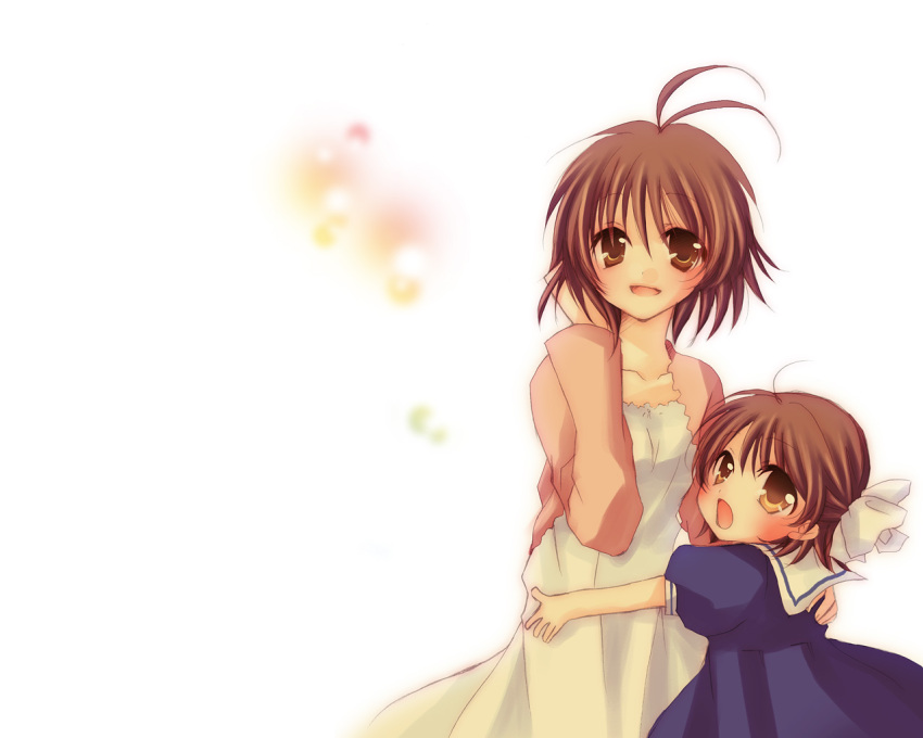 brown_eyes, brown_hair, clannad, furukawa_nagisa, hasumi_kouta, hug, mother_and_daughter, okazaki_ushio, school_uniform, serafuku, short_hair