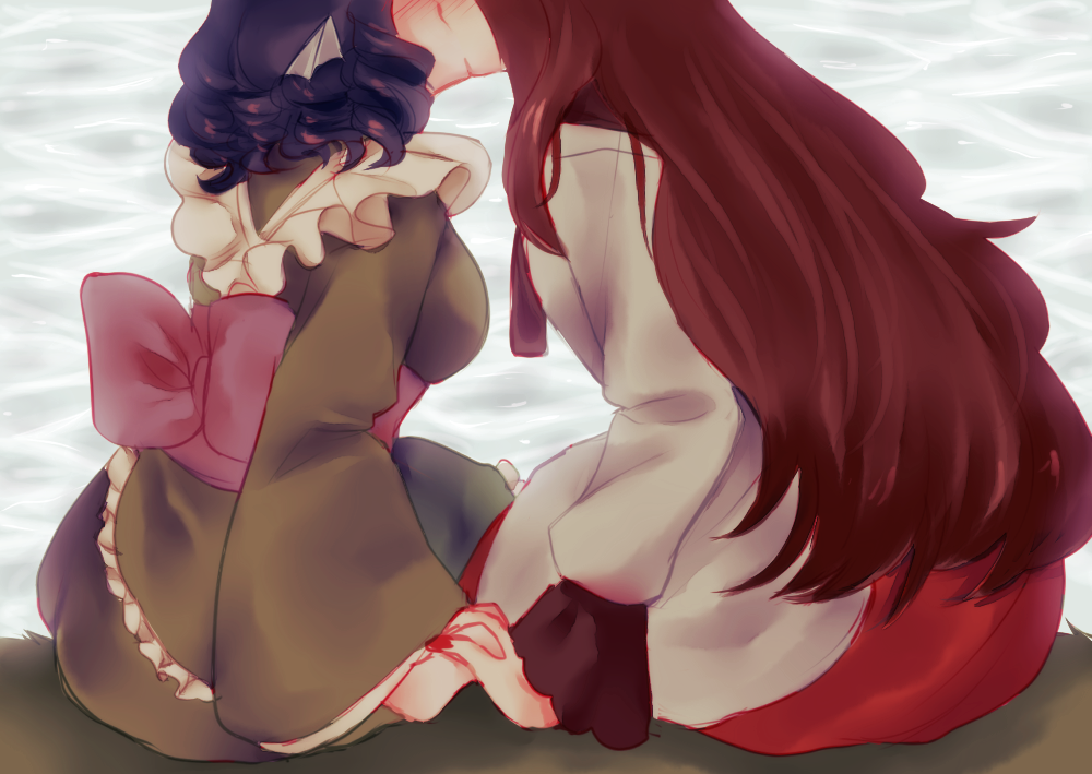 2girls, blue_hair, brown_hair, dress, frilled_kimono, frilled_sleeves, frills, holding_hands
