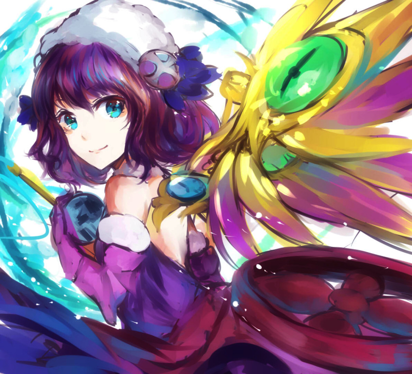 1girl, blue_eyes, elbow_gloves, fur_trim, gloves, mi_bait, purple_hair, puzzle_&amp;_dragons