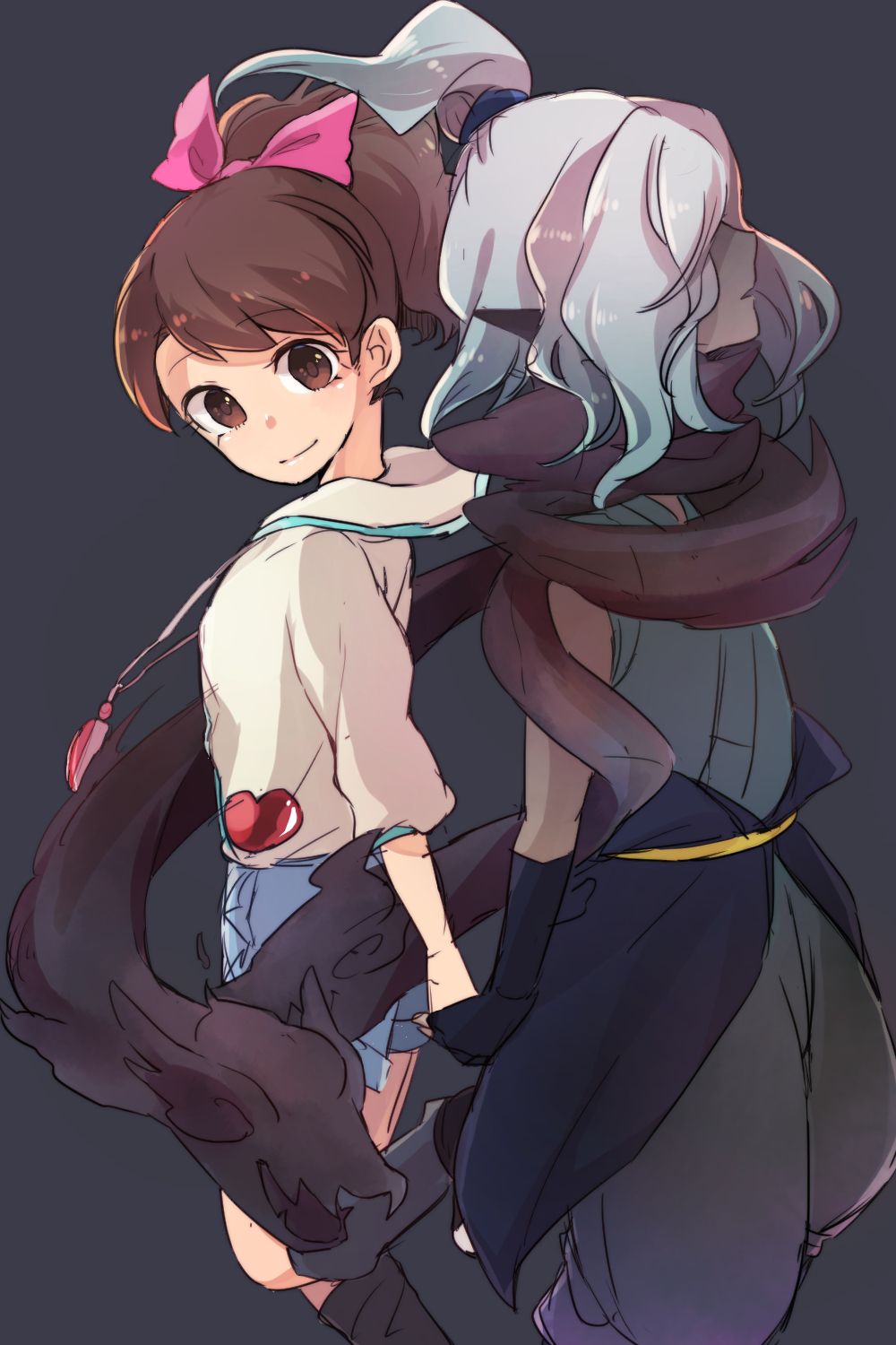 1boy, 1girl, alto168, back-to-back, blue_hair, brown_eyes, brown_hair, dark_skin