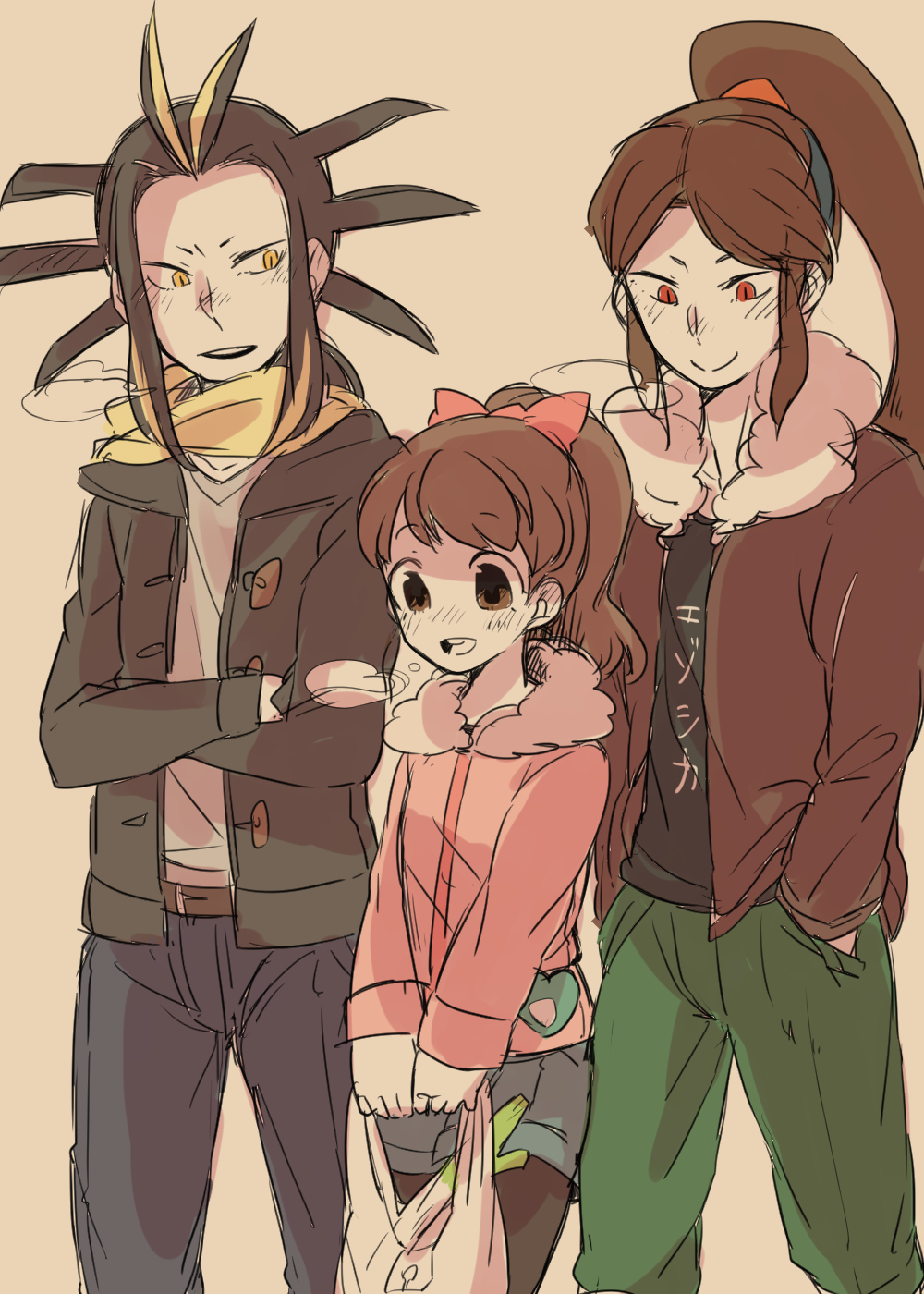 1girl, 2boys, alto168, bag, black_legwear, breath, brown_eyes, brown_hair