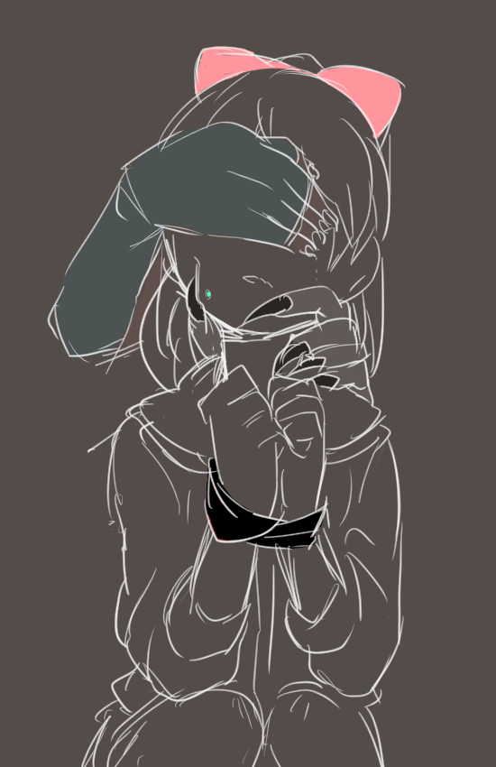 1girl, alto168, bound_wrists, covering_eyes, fingerless_gloves, fingernails, gloves, hand_on_another's_neck
