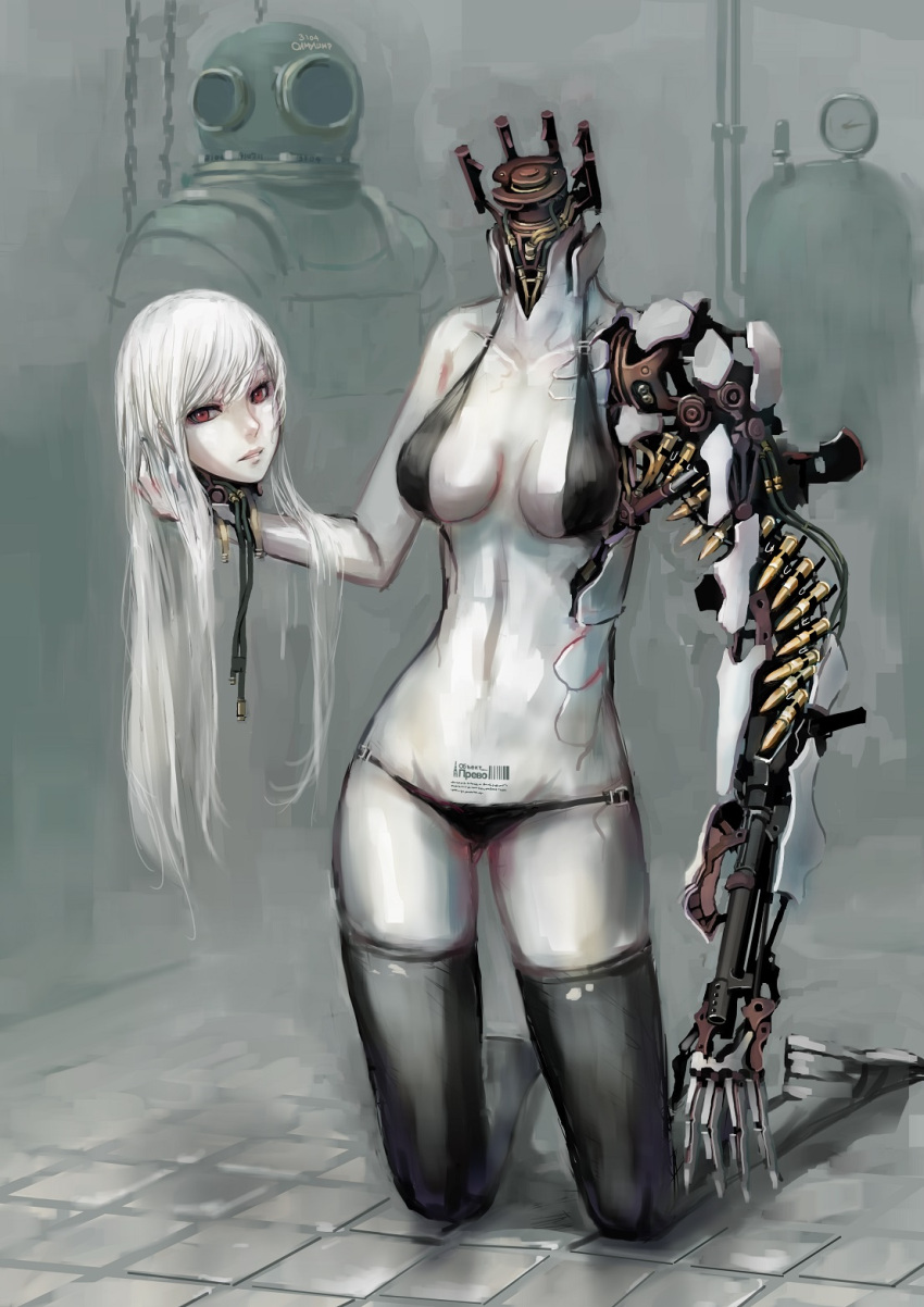 1girl, albino, android, barcode, bikini, black_bikini, black_legwear, breasts, bullet, cleavage, diving_suit, head_removed, highres, jittsu, kneeling, long_hair, looking_at_viewer, mecha_musume, mechanical_arm, original, parted_lips, red_eyes, solo, swimsuit, thigh-highs, white_hair