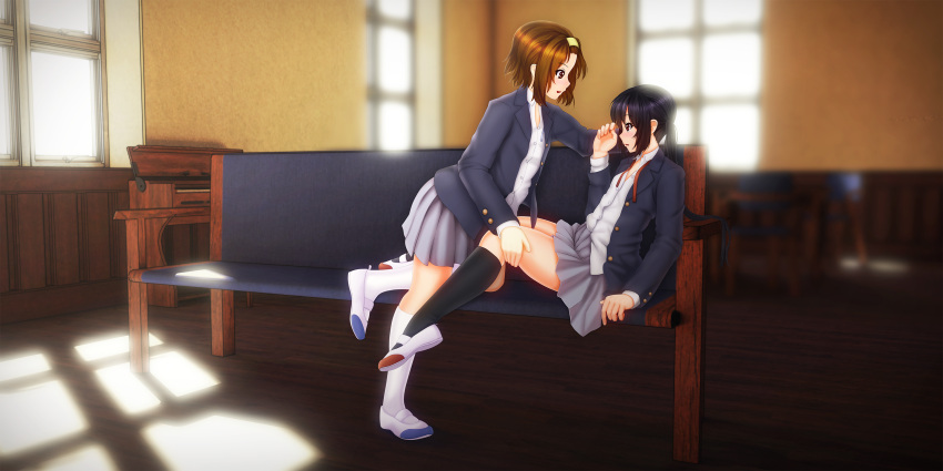 2girls, black_hair, brown_eyes, brown_hair, couch, hairband, highres, k-on!