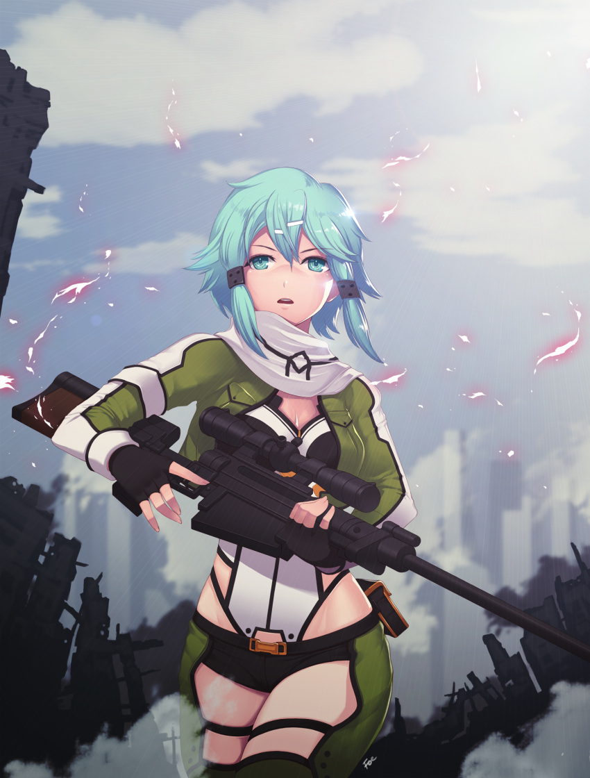 1girl, anti-materiel_rifle, aqua_eyes, blue_eyes, fingerless_gloves, getorade1999, gloves, gun, hair_ornament, hairclip, highres, pgm_hecate_ii, rifle, scarf, shinon_(sao), short_hair, short_shorts, shorts, sniper_rifle, sword_art_online, weapon