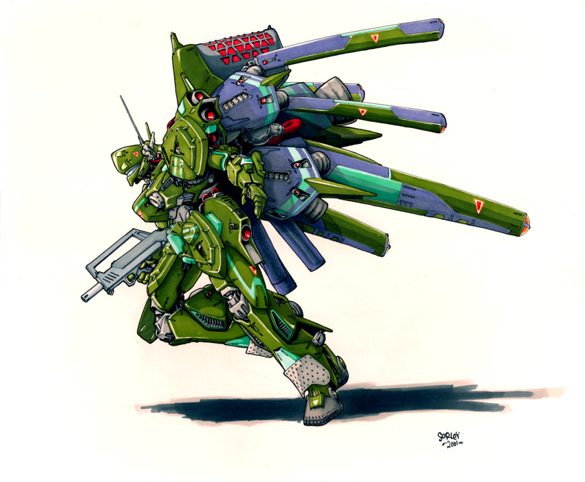 2011, antennae, assault_rifle, commentary, gun, highres, jeff_sorley, marker_(medium), mecha, no_humans, original, rifle, running, shadow, signature, simple_background, sketch, solo, traditional_media, weapon