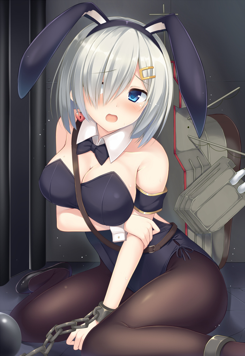 1girl, alternate_costume, animal_ears, armband, ball_and_chain_restraint, bare_shoulders, black_legwear, blue_eyes