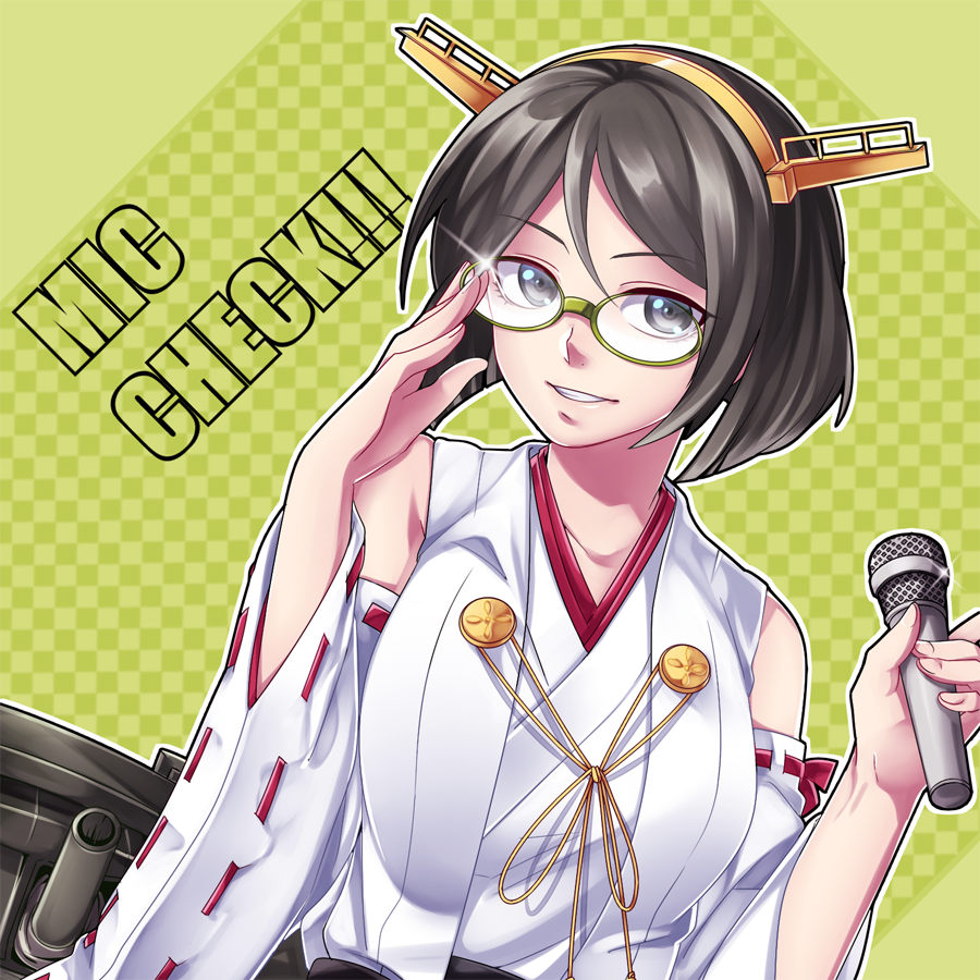 1girl, adjusting_glasses, ayane_wakana, bare_shoulders, breasts, brown_eyes, brown_hair, glasses, grin, hair_ornament, kantai_collection, kirishima_(kantai_collection), microphone, nontraditional_miko, smile, solo