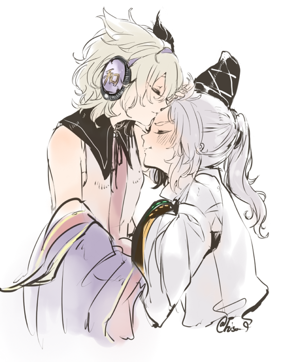 2girls, blush, brown_hair, closed_eyes, colored, dress, earmuffs, forehead_kiss