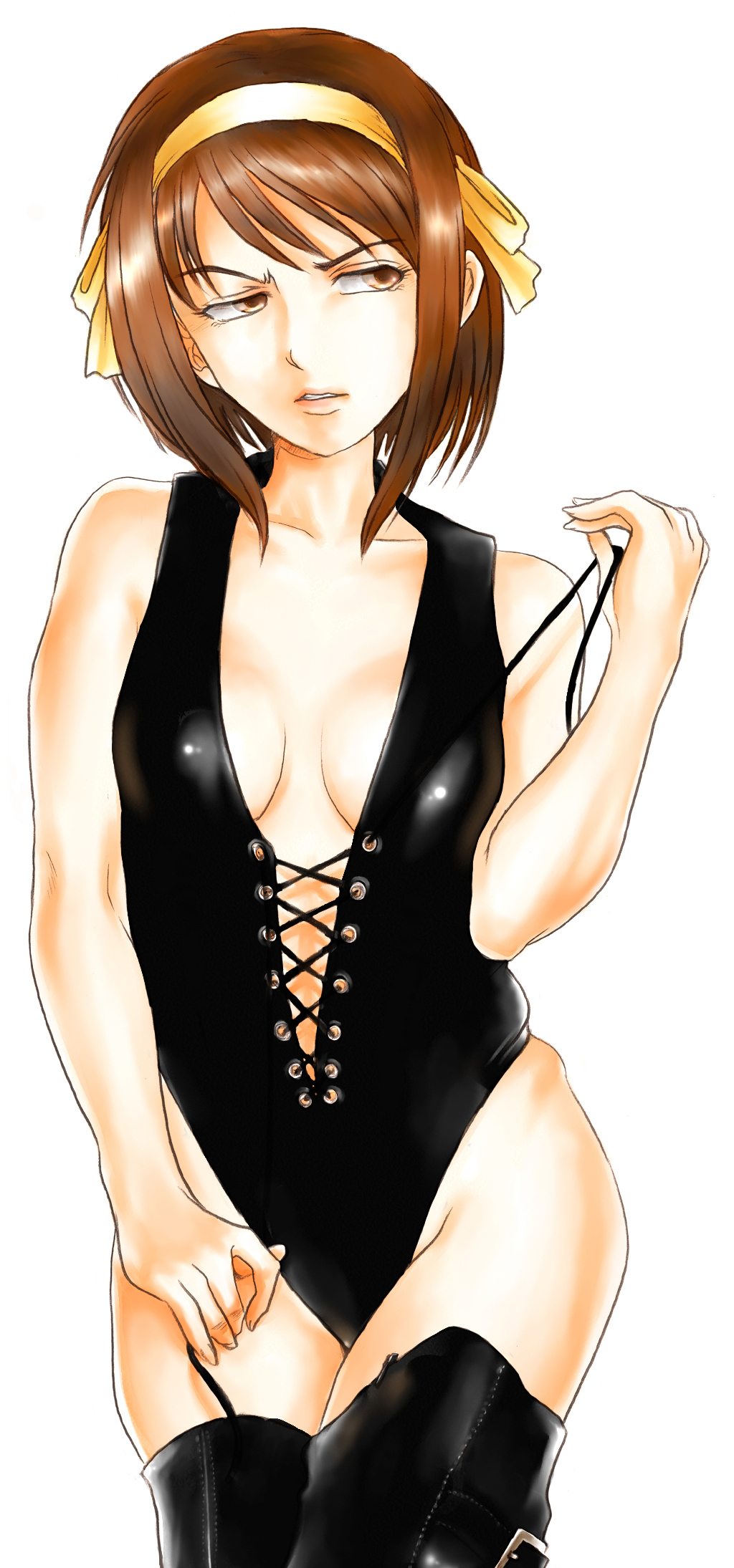 bare_shoulders, breasts, brown_eyes, brown_hair, cleavage, cleavage_cutout, frown, fukushima_nyuugyou_inc, hair_ribbon, hairband, highres, lipstick, looking_away, ribbon, simple_background, solo, srungle, suzumiya_haruhi, suzumiya_haruhi_no_yuuutsu, thigh-highs, thighhighs
