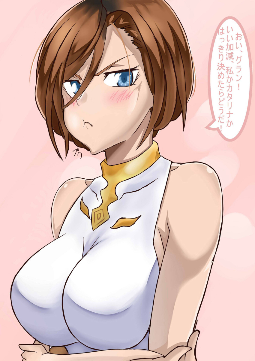 1girl, :t, apollonia_vaar, bare_shoulders, blush, breasts, brown_hair, crossed_arms