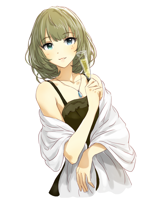 1girl, bare_shoulders, blue_eyes, blush, brown_hair, champagne_glass, collarbone, dani-ikapi
