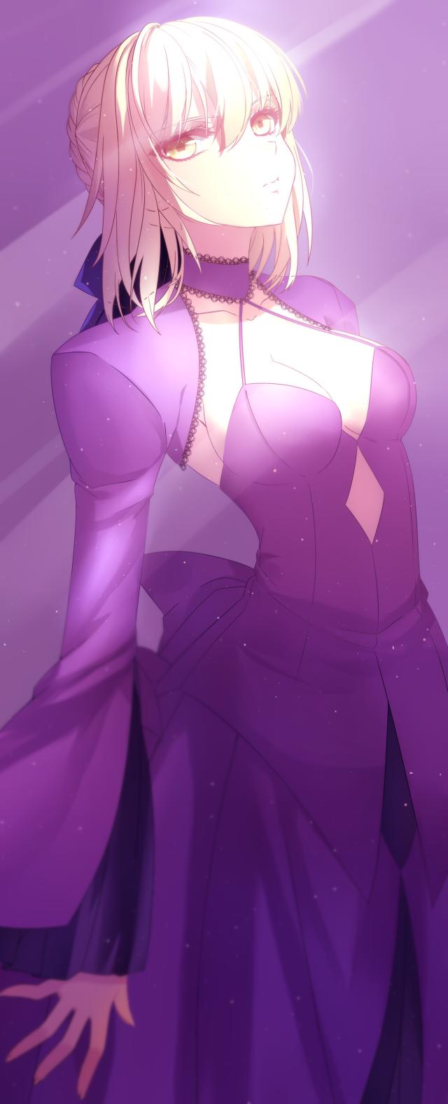 1girl, blonde_hair, breasts, choker, cleavage, cowboy_shot, detached_sleeves, dress