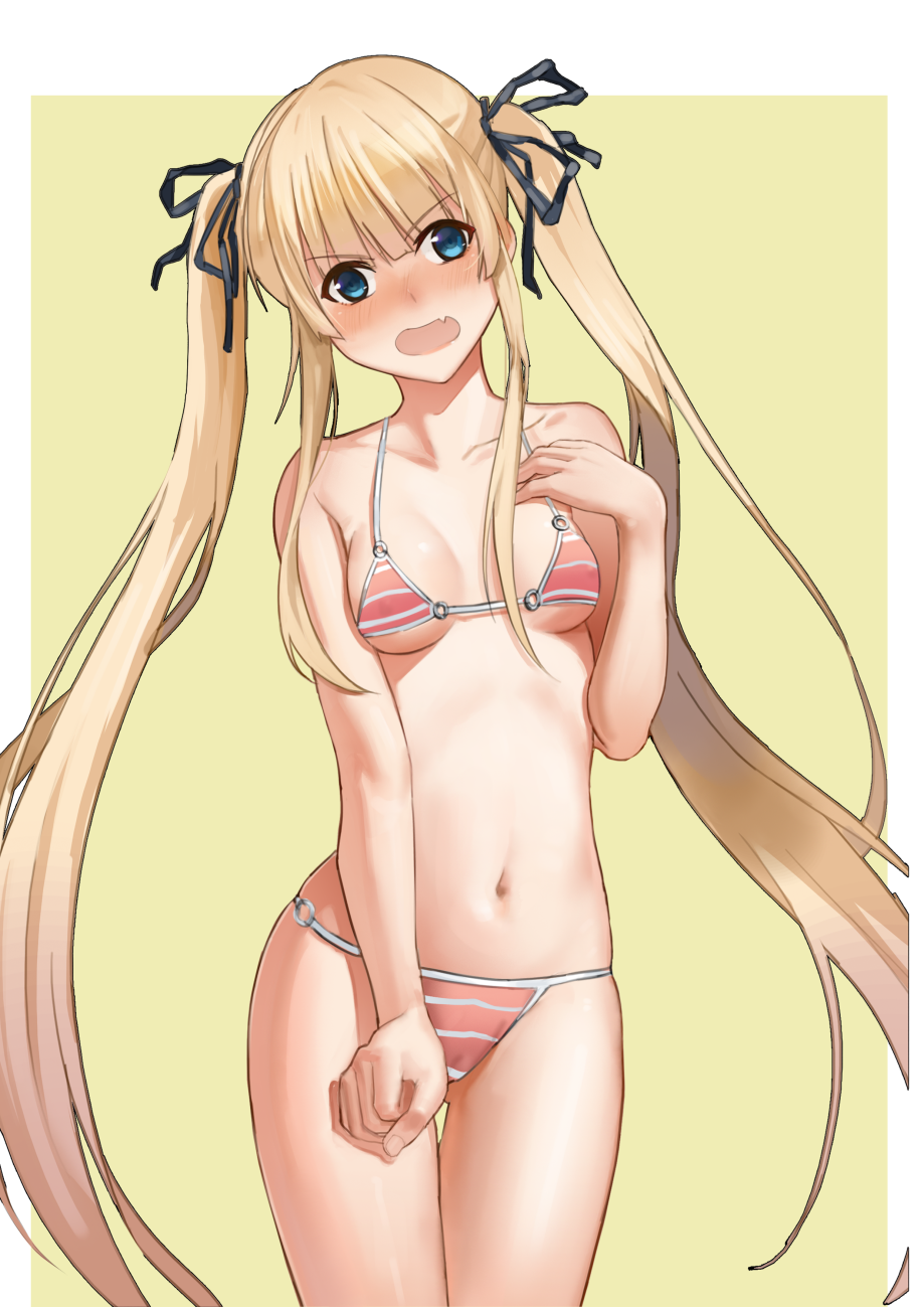 1girl, bikini, blonde_hair, blue_eyes, fang, highres, lazy_eye, long_hair