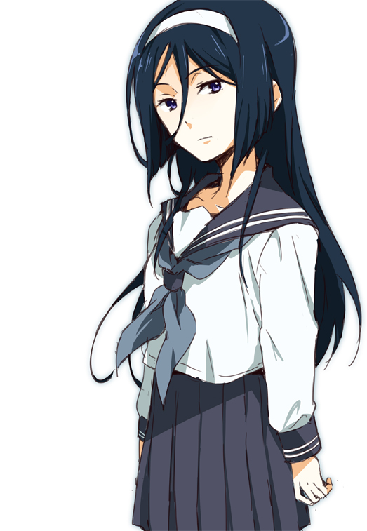 1girl, black_hair, blue_eyes, hair_between_eyes, hairband, hyouka, irisu_fuyumi, long_hair, school_uniform, serafuku, shimoku_reyu