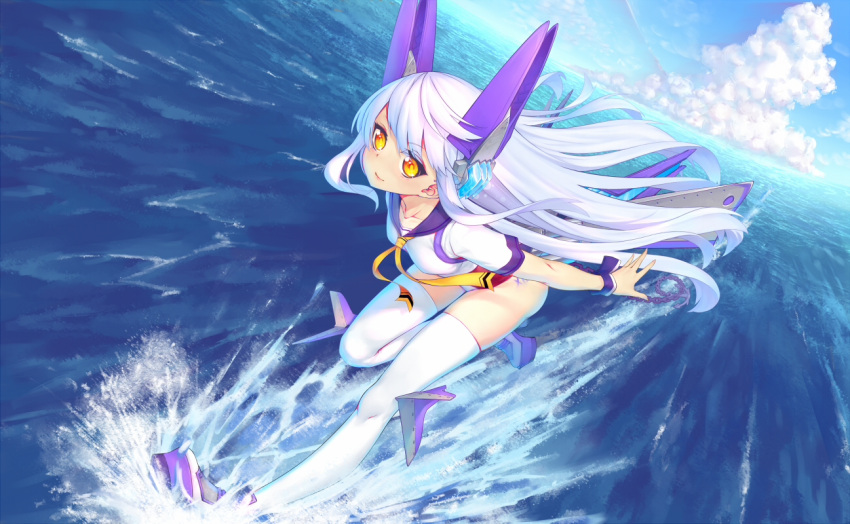 1girl, blouse, blue_sky, clouds, headgear, hoshi_o_mite, le_fantasque_(warship_girls_r), leotard