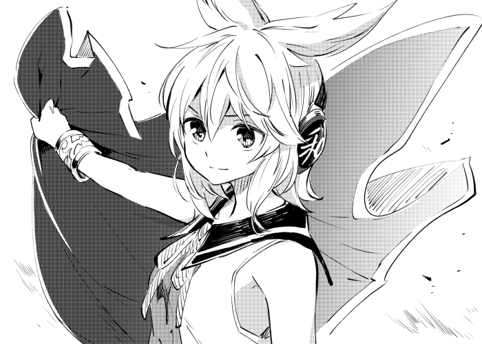1girl, cape, dress, earmuffs, makuwauri, monochrome, removing_cape, short_hair