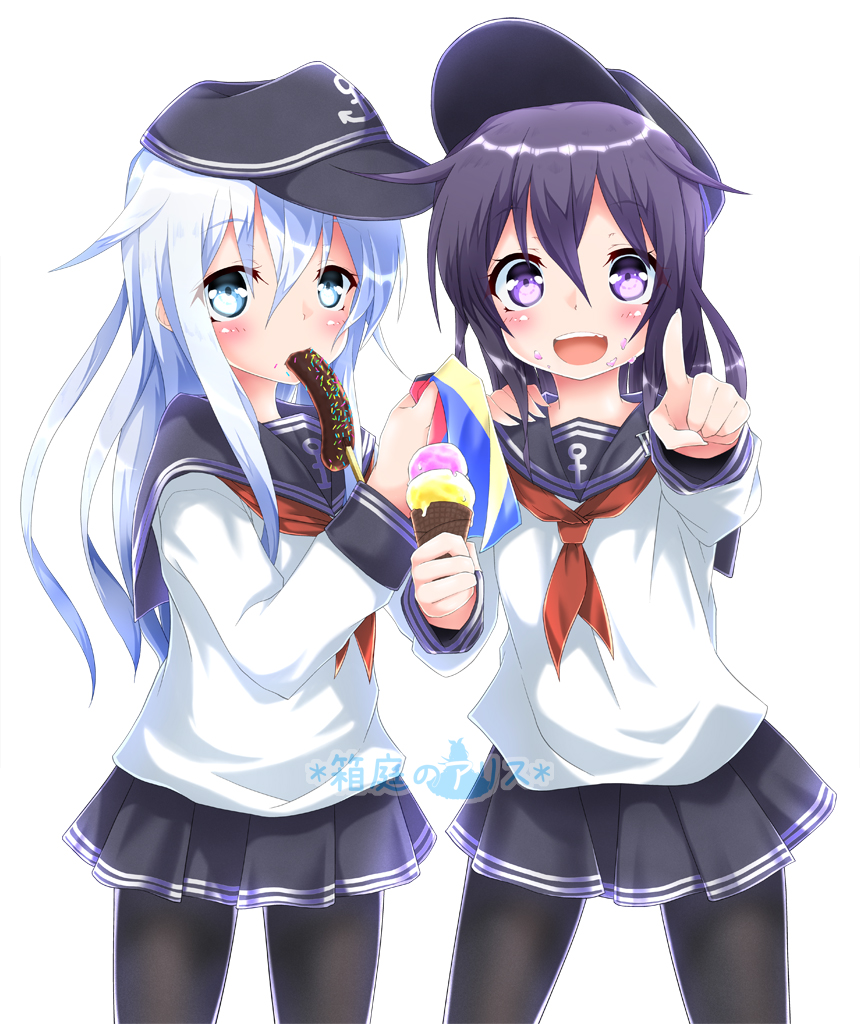 2girls, akatsuki_(kantai_collection), anchor_symbol, badge, banana, black_hair, black_legwear, blouse