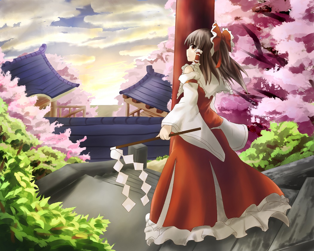 1girl, architecture, bow, brown_hair, cherry_blossoms, clouds, cloudy_sky, detached_sleeves