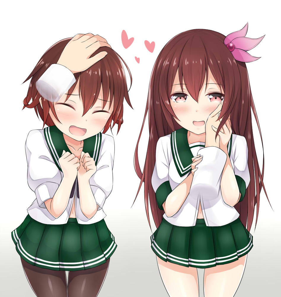 2girls, brown_hair, chaostein, closed_eyes, hair_ornament, hand_on_head, heart, kantai_collection