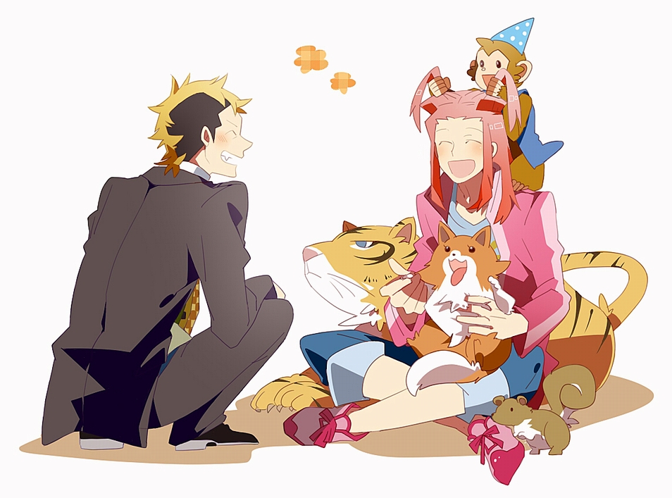 2boys, antenna_hair, black_hair, blonde_hair, collared_shirt, crossed_legs, dog, formal