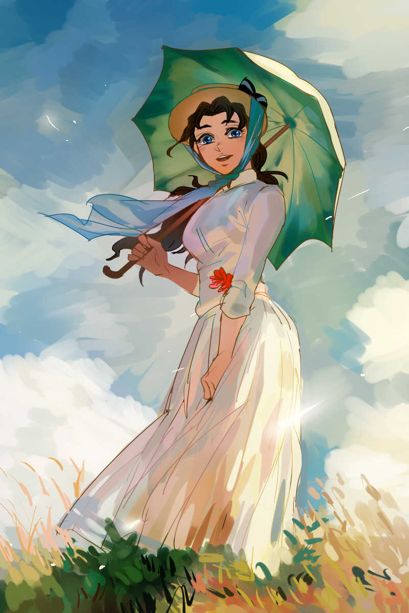 anz, black_hair, blue_eyes, dress, from_below, grass, hat, highres