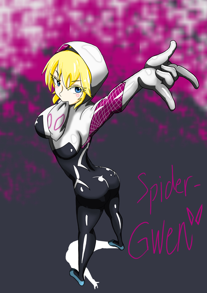 1girl, \m/, absurdres, ass, blonde_hair, blue_eyes, blush_stickers, bodysuit, breasts, from_behind, gwen_stacy, highres, hone_ryu, looking_back, marvel, mask, mask_removed, mouth_hold, short_hair, skin_tight, solo, spider-gwen, spider_web_print, superhero