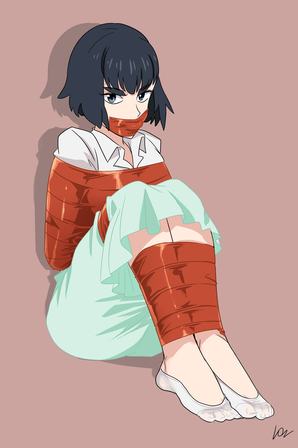 1girl, alternate_hair_length, alternate_hairstyle, arms_behind_back, bdsm, black_hair, blue_eyes, bondage