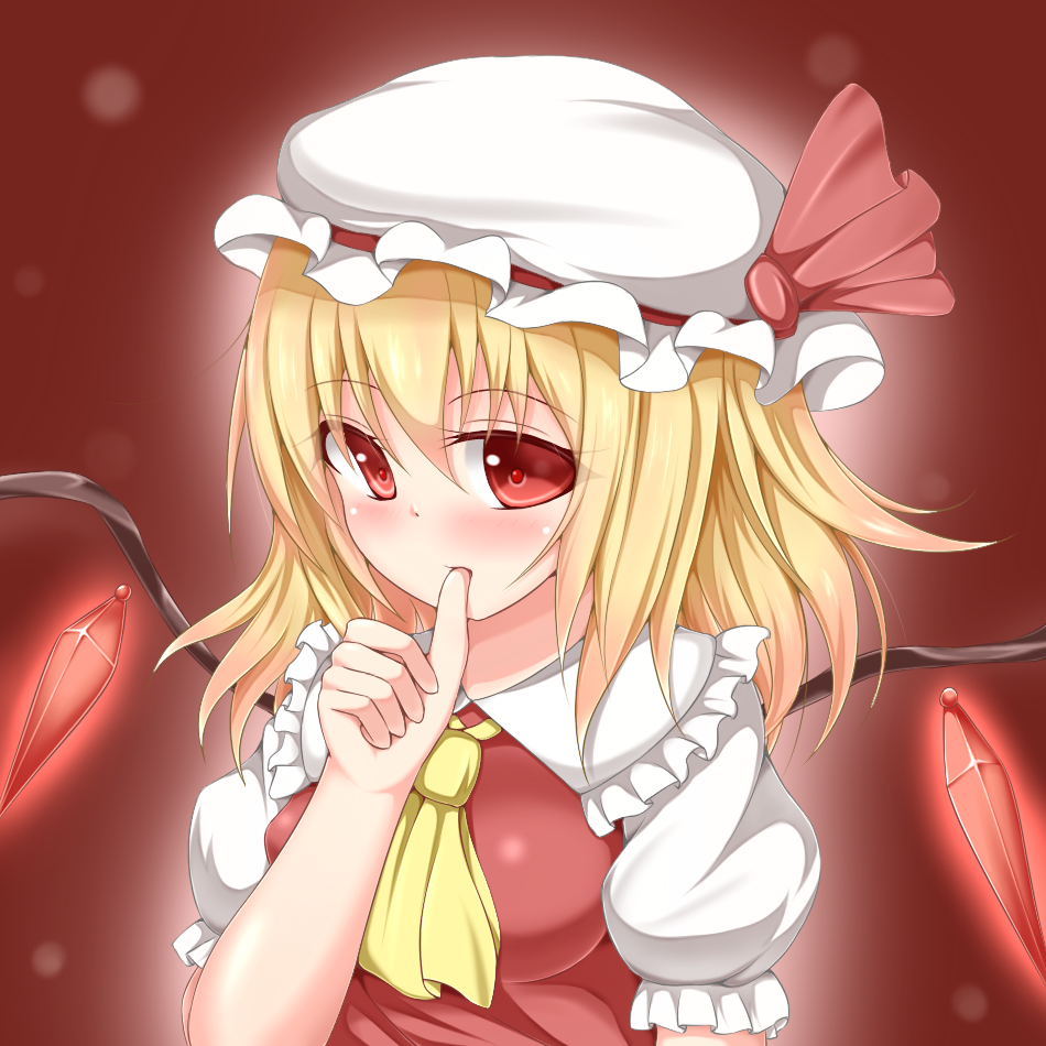 1girl, ascot, blonde_hair, blush, breasts, flandre_scarlet, looking_at_viewer, mob_cap