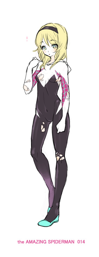 !, 1girl, blonde_hair, blue_eyes, blush, bodysuit, covered_navel, full_body, gwen_stacy, hairband, hood_down, jun_(spitfire), marvel, no_mask, short_hair, small_breasts, solo, spider-gwen, superhero, torn_bodysuit, torn_clothes, white_background