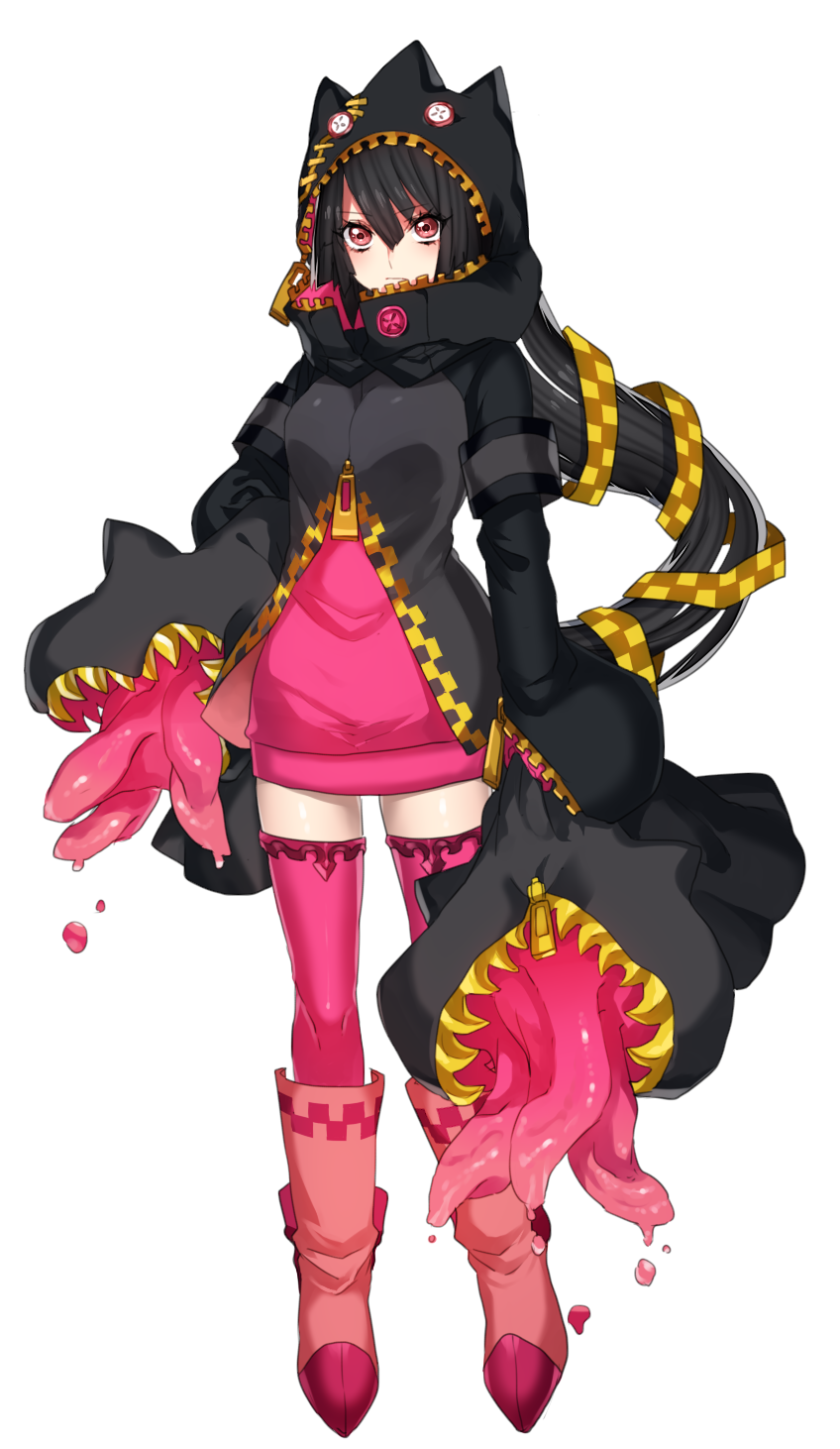 1girl, banette, black_hair, boots, dress, expressionless, extra_mouth, highres, hood, katagiri_hachigou, long_hair, mega_banette, mega_pokemon, personification, pink_legwear, pokemon, pokemon_(game), pokemon_xy, ponytail, red_eyes, short_dress, simple_background, solo, thigh-highs, zettai_ryouiki, zipper