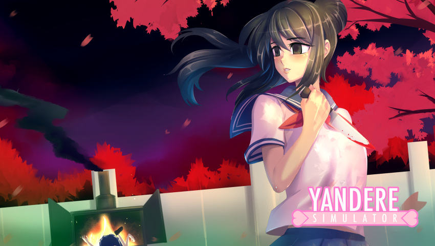 1girl, bakki, black_hair, blood, bloody_knife, bloody_weapon, brown_eyes, copyright_name