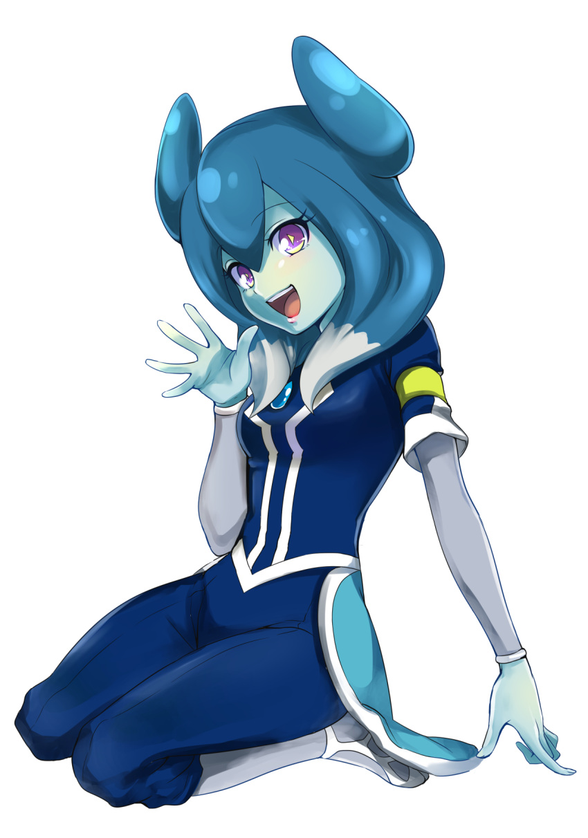 1girl, blue_hair, blue_skin, highres, inazuma_eleven_(series), inazuma_eleven_go, inazuma_eleven_go_galaxy, long_hair, looking_at_viewer, matsumoto_achi, multicolored_hair, multiple_girls, open_mouth, powai_pichori, simple_background, sitting, solo, two-tone_hair, violet_eyes, white_background, white_hair
