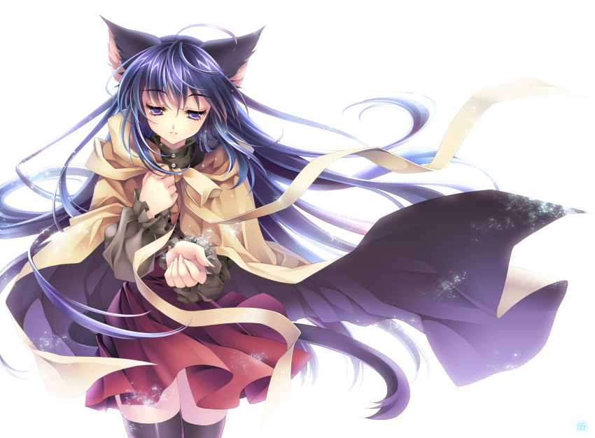 1girl, animal_ears, black_legwear, blue_eyes, blue_hair, blush, cat_ears, cat_girl, catgirl, highres, long_hair, nekomimi, original, riv, skirt, snow, tail, tears, thigh_high, thighhighs, very_long_hair, zettai_ryouiki