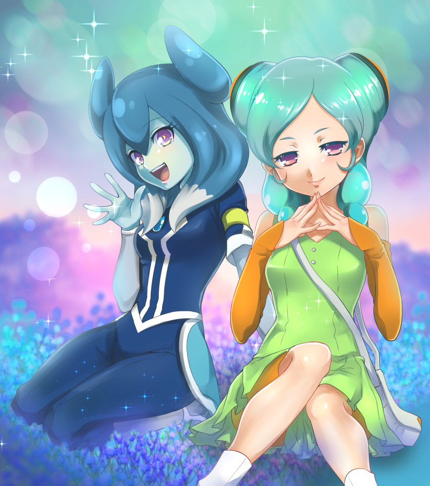 2girls, aqua_hair, beta_(inazuma_eleven), blue_hair, blue_skin, hands_together, highres, inazuma_eleven_(series)