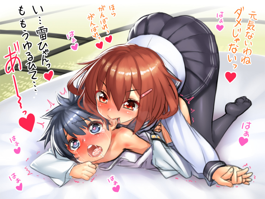 1girl, biting, blue_eyes, blush, brown_hair, ear_biting, hair_ornament, hairclip