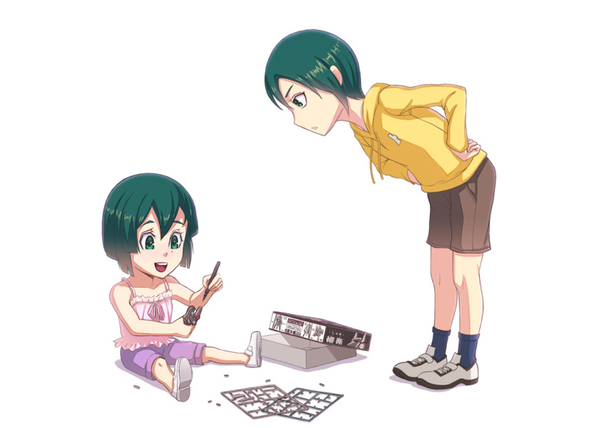 1boy, 1girl, art_brush, bob_cut, camisole, child, green_eyes, green_hair