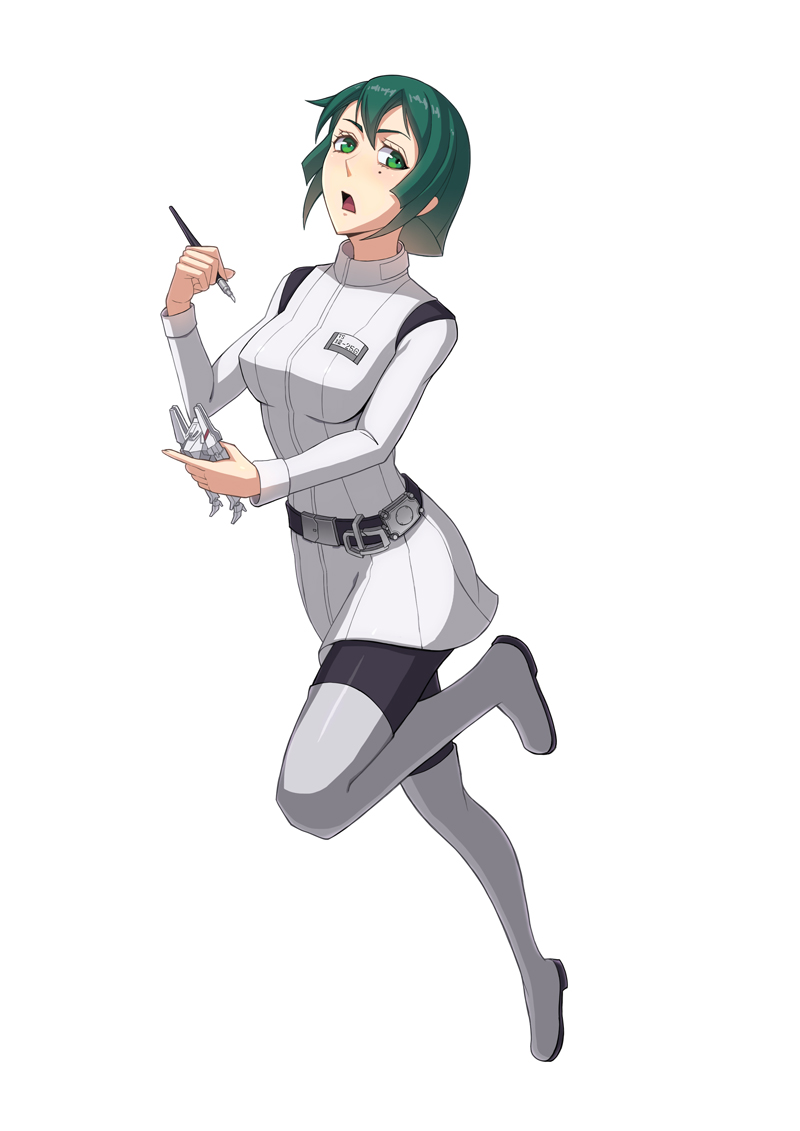 1girl, art_brush, belt, black_legwear, bob_cut, boots, green_eyes, green_hair, guardian_(mecha), knee_boots, leaf98k, leg_lift, mecha, midorikawa_yuhata, miniature, model, mole, open_mouth, paintbrush, pantyhose, short_hair, sidonia_no_kishi, simple_background, solo, uniform, white_background
