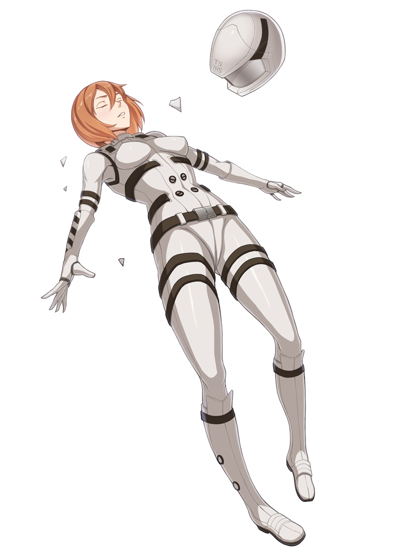 1girl, belt, bob_cut, broken_glass, brown_hair, closed_eyes, glass, headwear_removed, helmet, helmet_removed, leaf98k, outstretched_arms, pilot_suit, short_hair, sidonia_no_kishi, solo, spacesuit, spread_arms, yamano_eiko