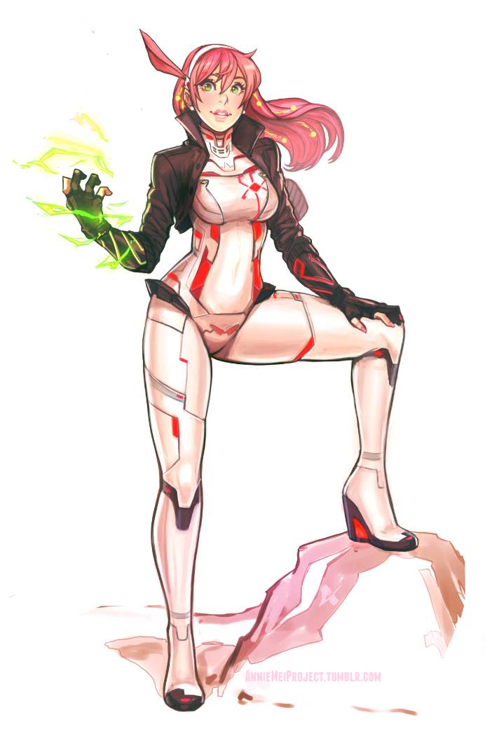 1girl, annie_mei, annie_mei_project, bodysuit, breasts, caleb_thomas, commentary, cropped_jacket