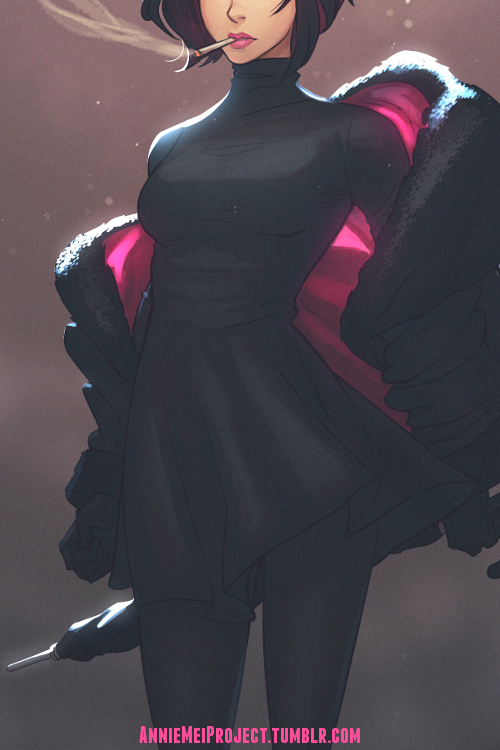 1girl, annie_mei_project, arms_behind_back, black_dress, black_gloves, black_legwear, caleb_thomas, cigarette, closed_umbrella, coat, cropped, dress, eyebrows, eyelashes, gloves, head_out_of_frame, high_heels, lips, lipstick, makeup, nose, off_shoulder, pantyhose, revision, short_hair, small_breasts, smoking, solo, turtleneck, umbrella, work_in_progress, xii_(annie_mei_project)