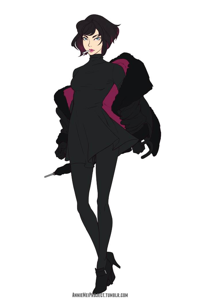 1girl, annie_mei_project, arms_behind_back, black_dress, black_gloves, black_hair, black_legwear, blue_eyes, caleb_thomas, cigarette, closed_umbrella, coat, dress, eyebrows, eyelashes, flat_color, flipped_hair, full_body, gloves, high_heels, lips, lipstick, makeup, off_shoulder, pantyhose, short_hair, small_breasts, smoking, solo, tsurime, turtleneck, umbrella, work_in_progress, xii_(annie_mei_project)