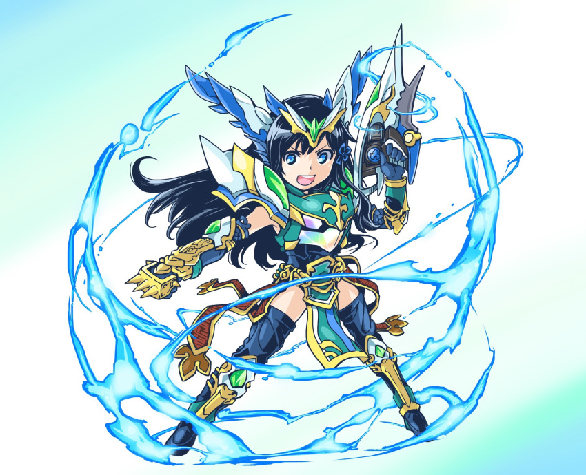 >:d, 1girl, :d, armor, black_hair, blue_eyes, gun, head_fins