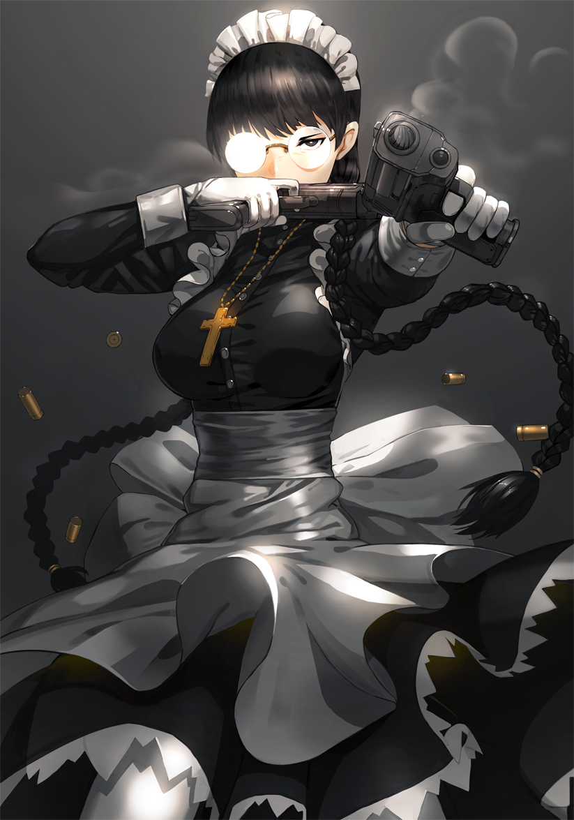 1girl, apron, bangs, black_dress, black_hair, black_lagoon, braid, breasts, bullet_casing, casing_ejection, cowboy_shot, cross, cross_necklace, dress, dual_wielding, firing, glasses, gloves, grey_background, gun, handgun, holding_gun, jewelry, kfr, large_breasts, long_hair, long_sleeves, looking_at_viewer, maid, maid_cap, maid_headdress, necklace, pantyhose, pistol, revision, rimless_glasses, roberta_(black_lagoon), round_glasses, shell_casing, smoke, solo, standing, twin_braids, very_long_hair, waist_apron, weapon, white_gloves, white_legwear