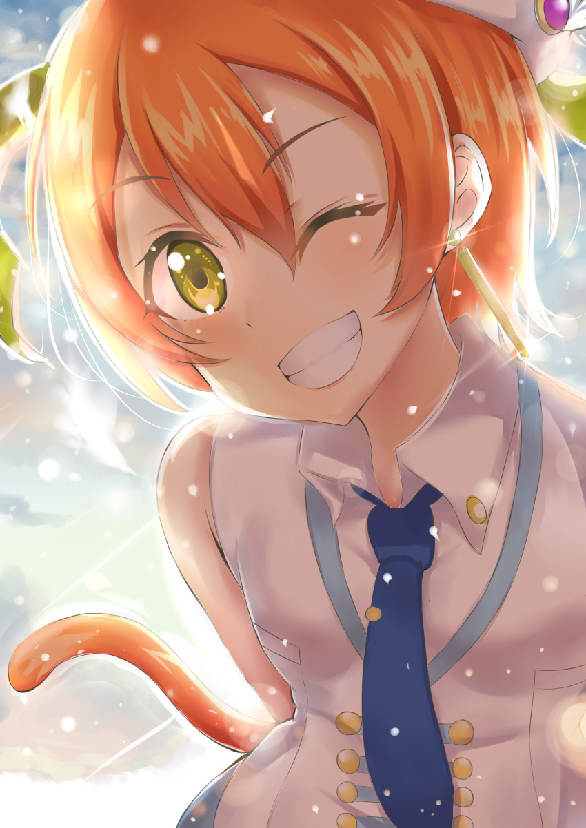 1girl, absurdres, arms_behind_back, cat_tail, earrings, gankami, grin, hat, highres, hoshizora_rin, jewelry, looking_at_viewer, love_live!_school_idol_project, necktie, one_eye_closed, orange_hair, short_hair, smile, solo, tail, yellow_eyes